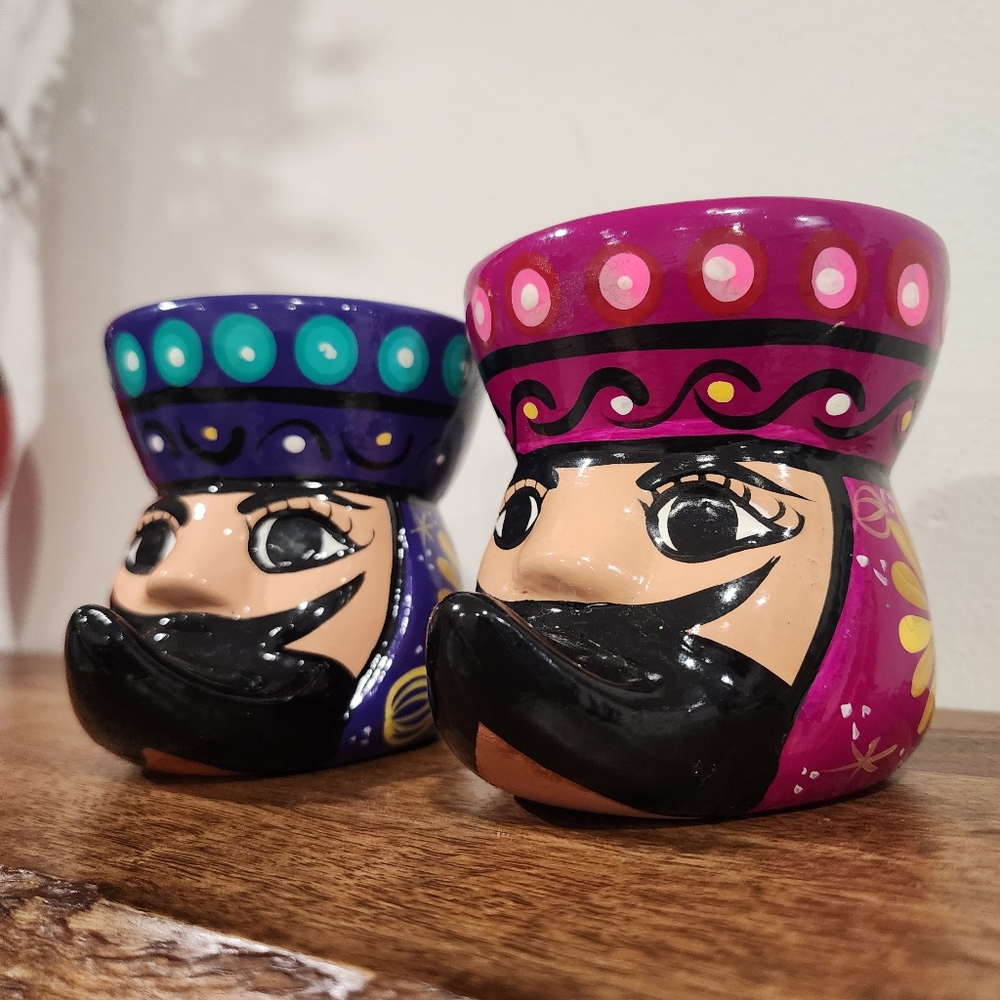 Artisan Hand Painted Mexican Folk Art Terracotta Face Mugs Set of 2
